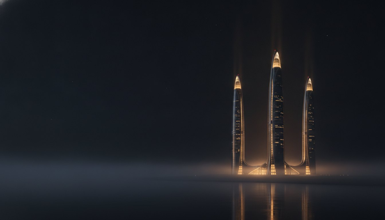 Three illuminated towers rising above the horizon at dusk — the PWR Ventures family